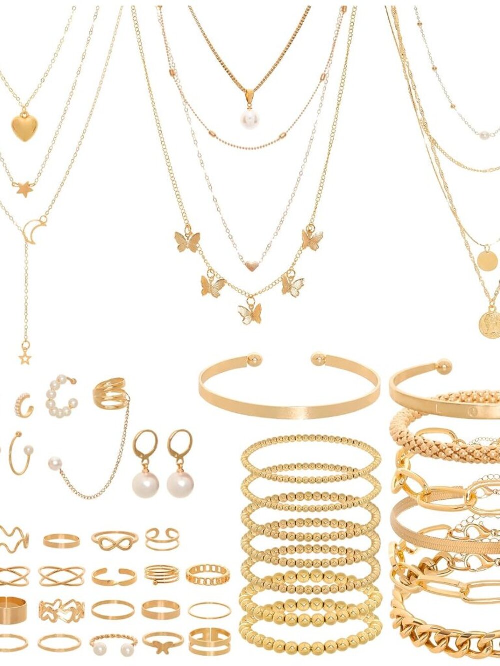 54 Pcs Gold Jewelry Set for Women Multi Layered Necklace Knuckle Rings Stackable
